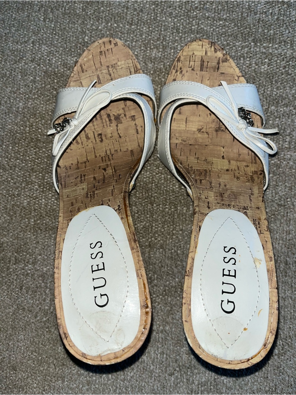 GUESS White Cork Slide Sandals with Bow and Logo Charm